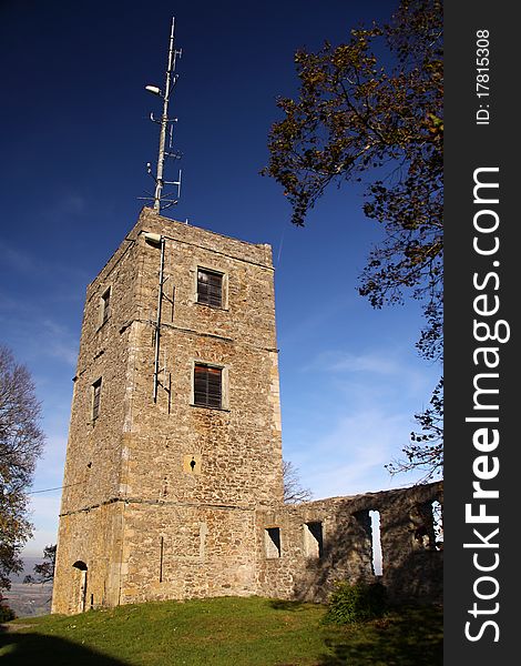 Old castle outlook tower with moder antenna. Old castle outlook tower with moder antenna