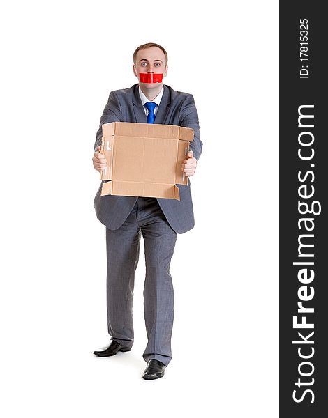 Businessman with his mouth sealed with red tape and cardboard in their hands