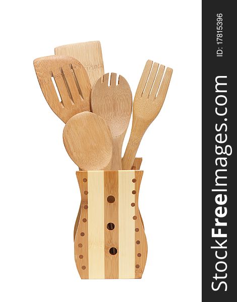 Set of wooden kitchen utensils it is isolated on a white background