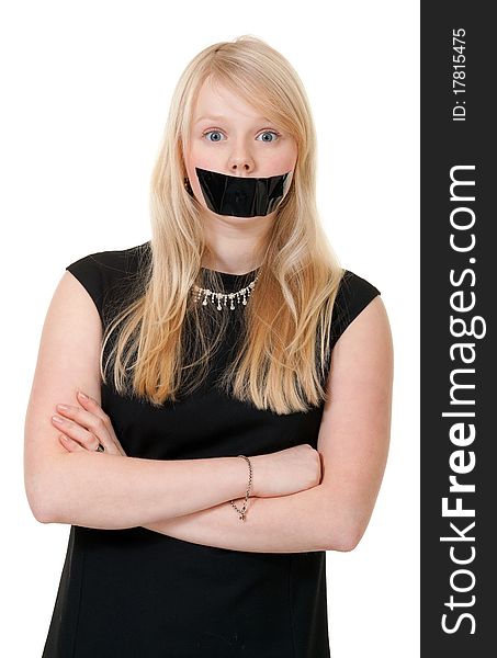 Beautiful girl with her mouth sealed with black tape
