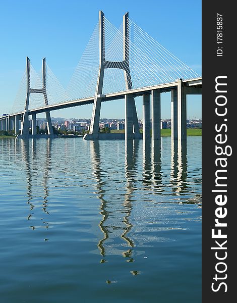 View from river Tagus of Lisbon's Vasco da Gama Bridge, Portugal. View from river Tagus of Lisbon's Vasco da Gama Bridge, Portugal