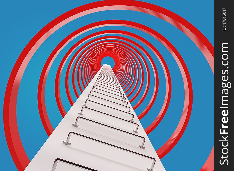 Maintenance ladder with red safety rings against blue sky. Maintenance ladder with red safety rings against blue sky