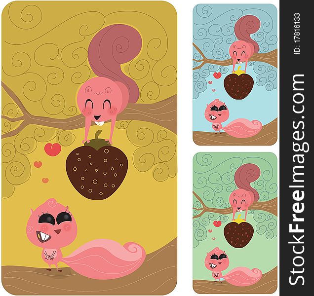 Cute male squirrel or rodent in a tree giving his nut or strawberry to his fiancee or lover. She is enticed with him, completly in love. Retro style illustration. Cute male squirrel or rodent in a tree giving his nut or strawberry to his fiancee or lover. She is enticed with him, completly in love. Retro style illustration