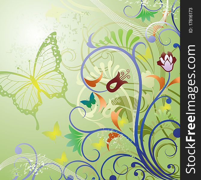 Illustration of abstract floral scroll and butterfly. Illustration of abstract floral scroll and butterfly.