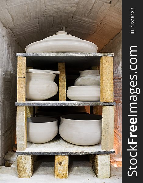 Terracota clay pots in the kiln.