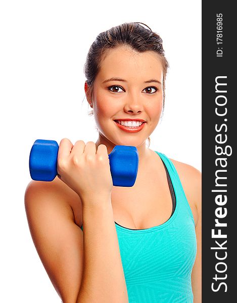 Young attractive woman trains and tones with weights, isolated on white. Young attractive woman trains and tones with weights, isolated on white