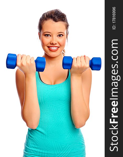 Young attractive woman trains and tones with weights, isolated on white. Young attractive woman trains and tones with weights, isolated on white