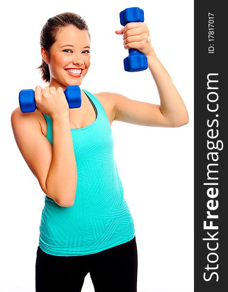 Young attractive woman trains and tones with weights, isolated on white. Young attractive woman trains and tones with weights, isolated on white