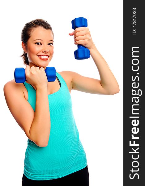 Young attractive woman trains and tones with weights, isolated on white. Young attractive woman trains and tones with weights, isolated on white