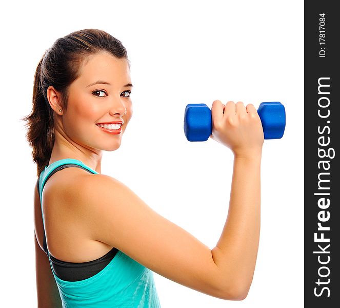 Young attractive woman trains and tones with weights, isolated on white. Young attractive woman trains and tones with weights, isolated on white