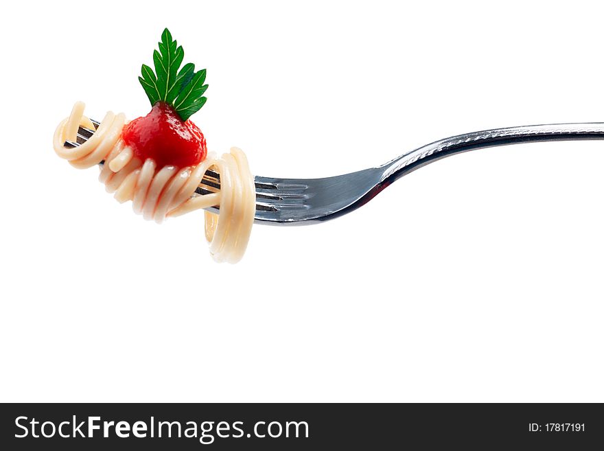 Close-up of a fork with fresh spaghetti isolated over white background. Close-up of a fork with fresh spaghetti isolated over white background.