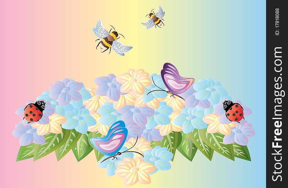 Bees, ladybugs and butterflies in the flowerbed. Vector illustration. Bees, ladybugs and butterflies in the flowerbed. Vector illustration.