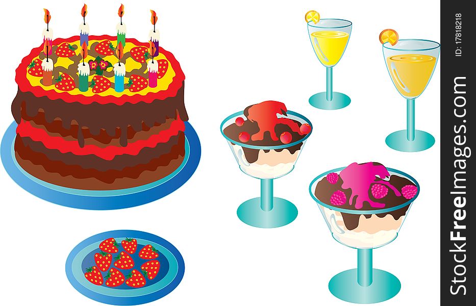 Cake, strawberry, chocolate dessert with berries and fruit cocktails for the birthday celebration.Vector illustration. Cake, strawberry, chocolate dessert with berries and fruit cocktails for the birthday celebration.Vector illustration.