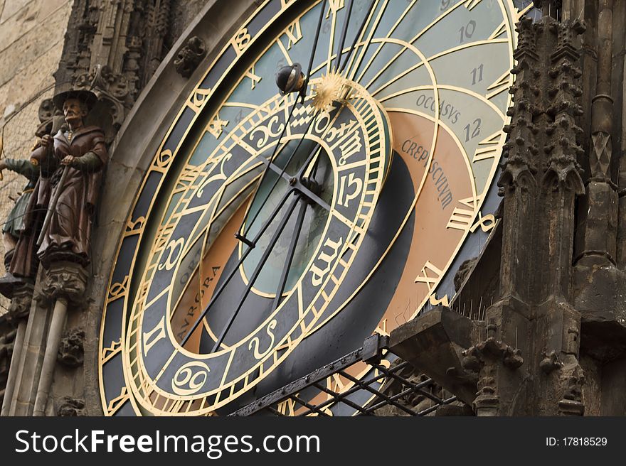 Full view of Astrological clock in Prague, Czech Republic, with small statues on the side