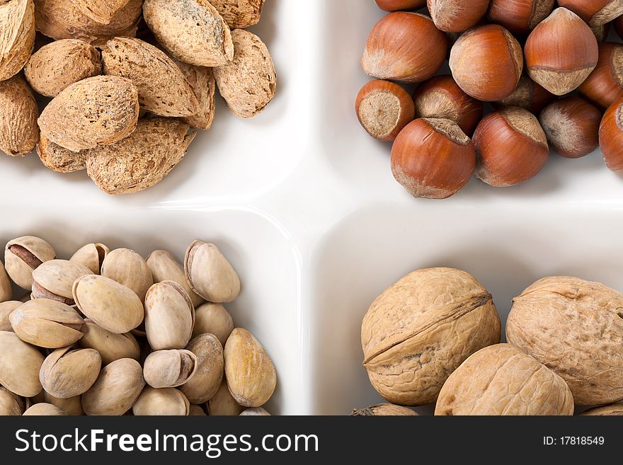 Four kinds of popular nuts lie separately in a white plate on a white background. A shot horizontal, focus in the shot center