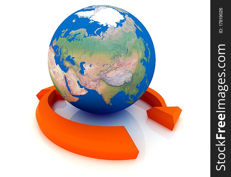 Two arrows surrounding Earth globe - 3d render. Two arrows surrounding Earth globe - 3d render