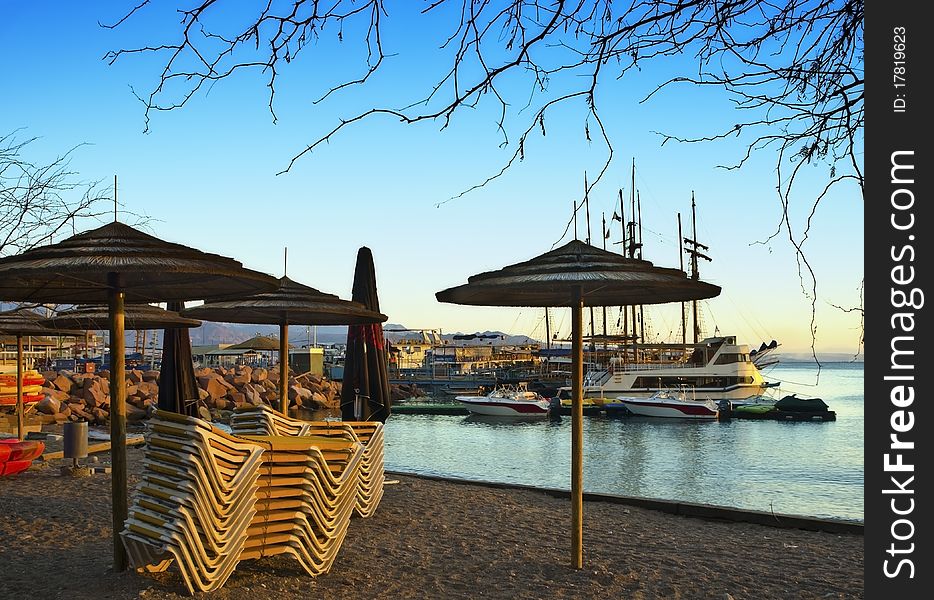 The shot was taken on the northern beach of Eilat city - a modern resort center in the Middle East. The shot was taken on the northern beach of Eilat city - a modern resort center in the Middle East