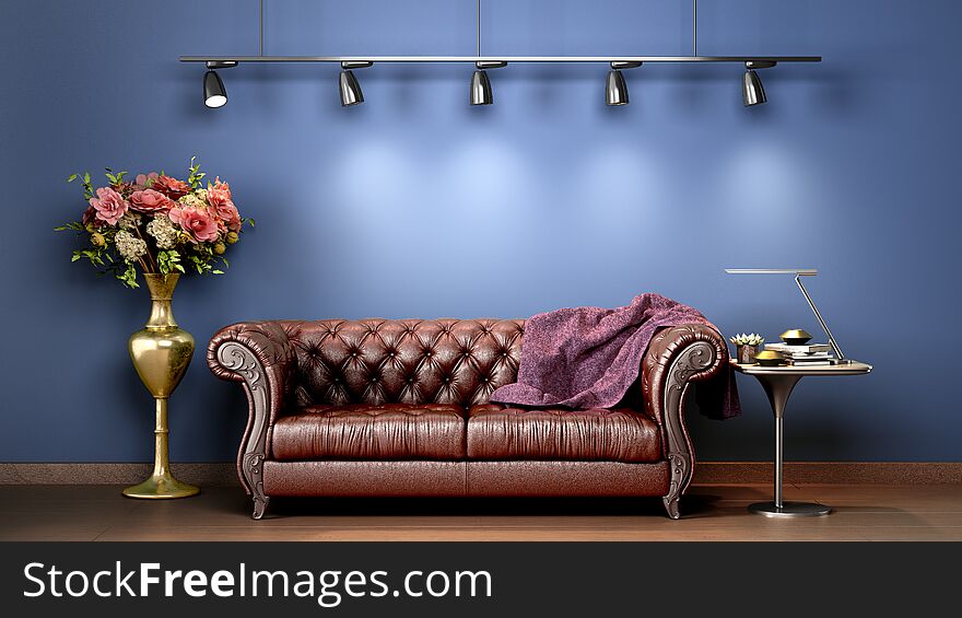 Simple room interior render with brown leather sofa in darck style 3d render image