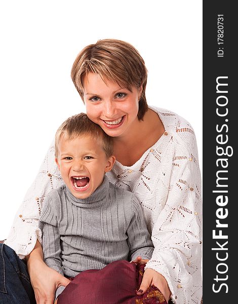 Charming woman with a son on a white background