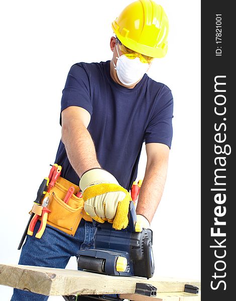 Mature contractor  working. Over white background
