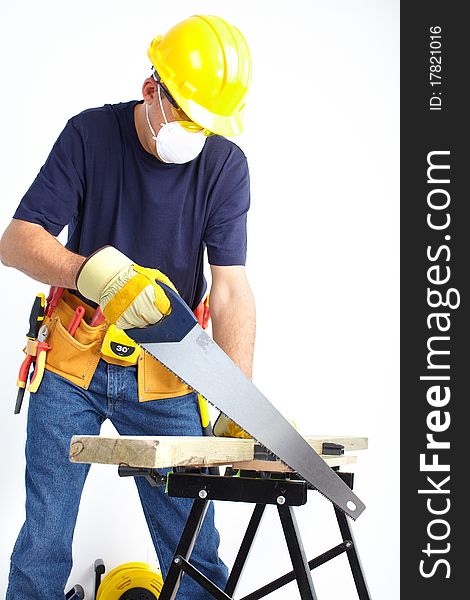 Mature contractor  working. Over white background