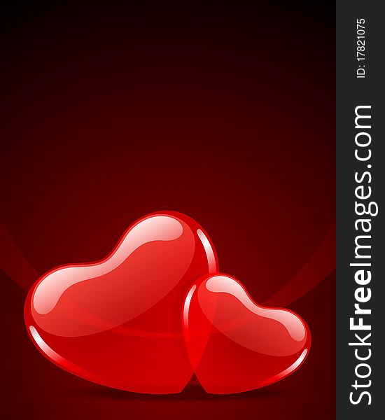 Two red shiny glass hearts Valentine's day background