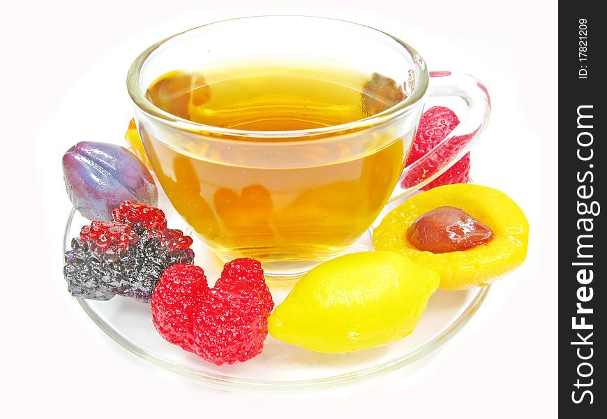 Marmalade gelatin fruits and tea cup