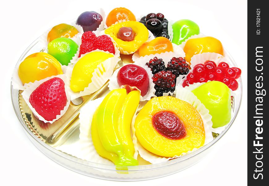 Marmalade gelatin fruits dessert covered with sugar isolated