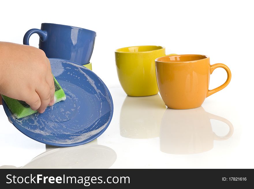 Washing color tableware by hands. Washing color tableware by hands