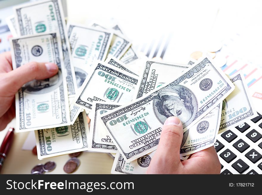 Businessman with cash, money, bills, coins. Businessman with cash, money, bills, coins