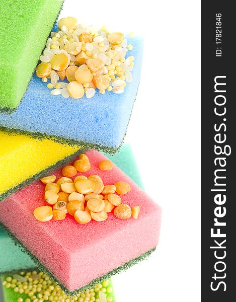 Kitchen sponge and grain isolated