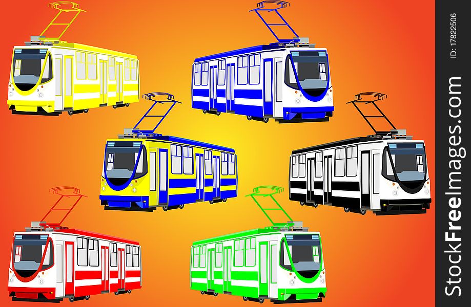 Environmentally friendly urban transport mode. Modern trams of different colors. Environmentally friendly urban transport mode. Modern trams of different colors.