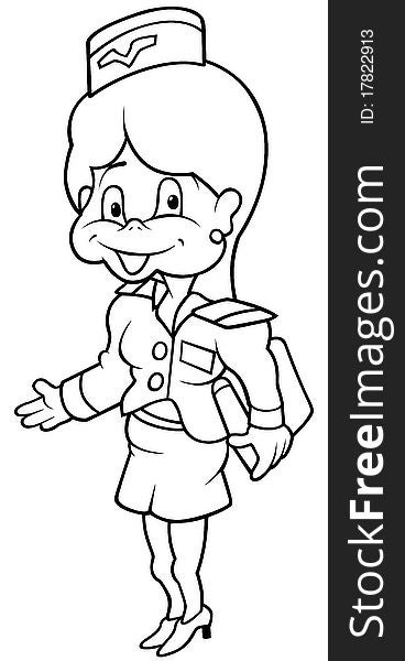 Air Hostess - Black and White Cartoon illustration, Vector