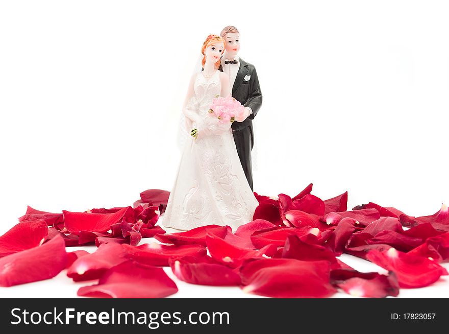 Bride and groom with rose petals on white background