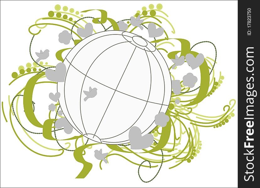 The globe is surrounded by flowers, ribbons, hearts, leaves, birds in the green-gray. The globe is surrounded by flowers, ribbons, hearts, leaves, birds in the green-gray..