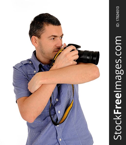 Professional male photographer taking picture . isolated on white background