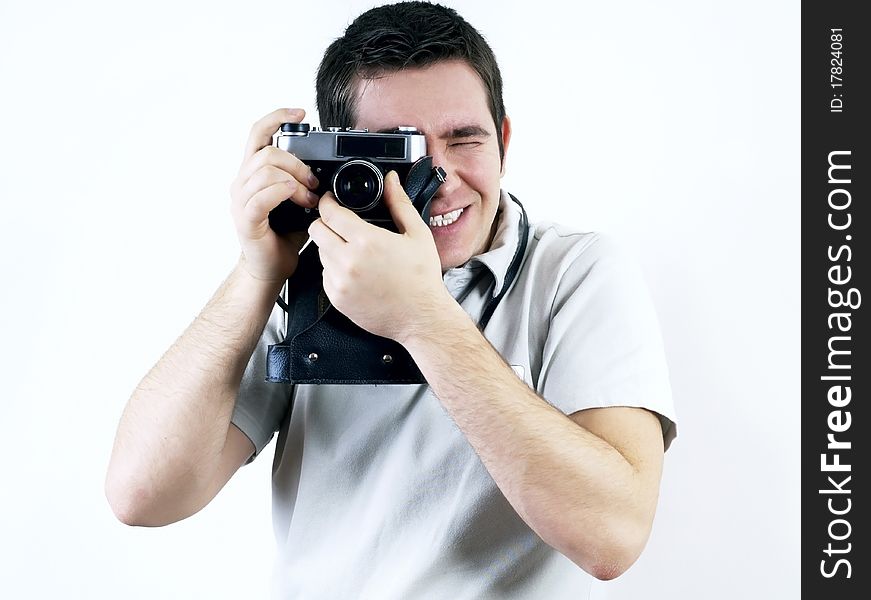 Happiness man with vintage photo camera. Happiness man with vintage photo camera.