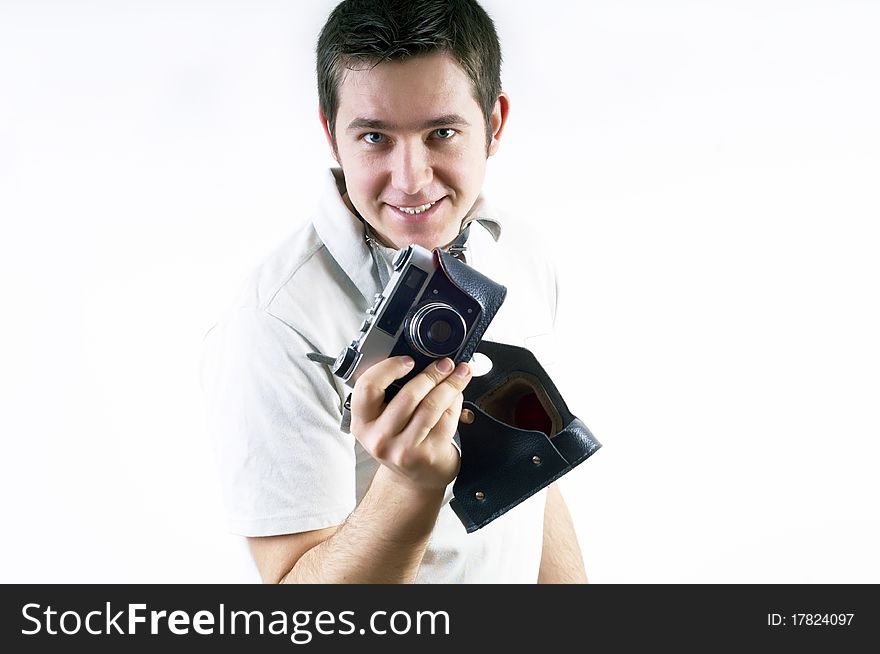 Happiness man with vintage photo camera. Happiness man with vintage photo camera.