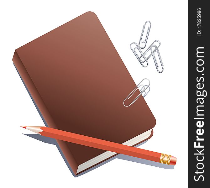 Brown Notebook, red pencil and paper clips on a white background. Brown Notebook, red pencil and paper clips on a white background.