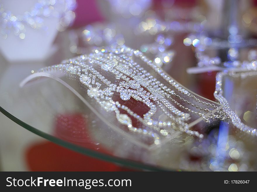 Shiny bracelets and necklaces at the shopwindow