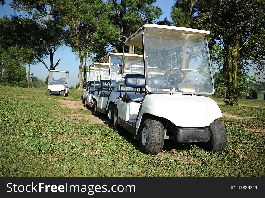 A row of golf buggy in golf club.