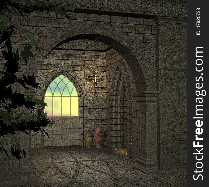 Magic window in a fantasy setting. 3D rendering of a fantasy theme for background usage.