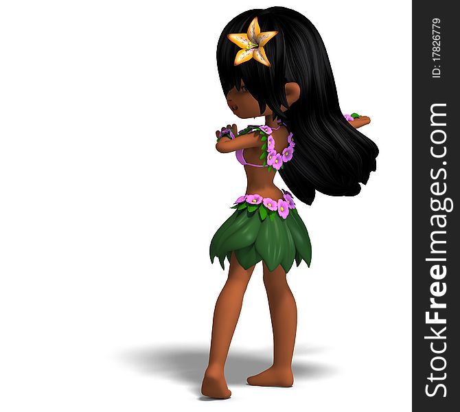 Very cute hawaiin cartoon girl is dancing for you. 3D rendering with clipping path and shadow over white