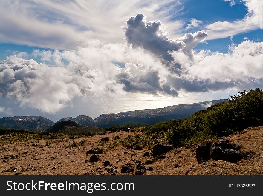 Mountain landscape at Madeira, clouds, sky