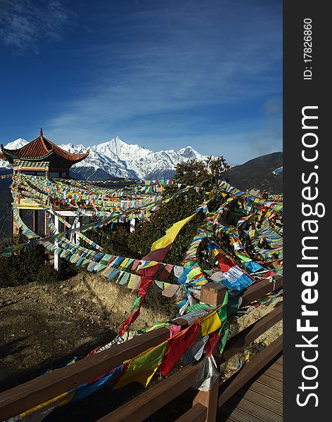 Tibetan banner in Meili jokul mountain in Yun Nan province China. Zang minority nationalities, Tibetan banner.