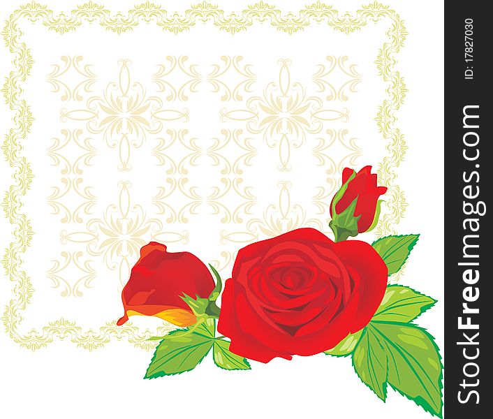 Three red roses on the decorative background. Illustration