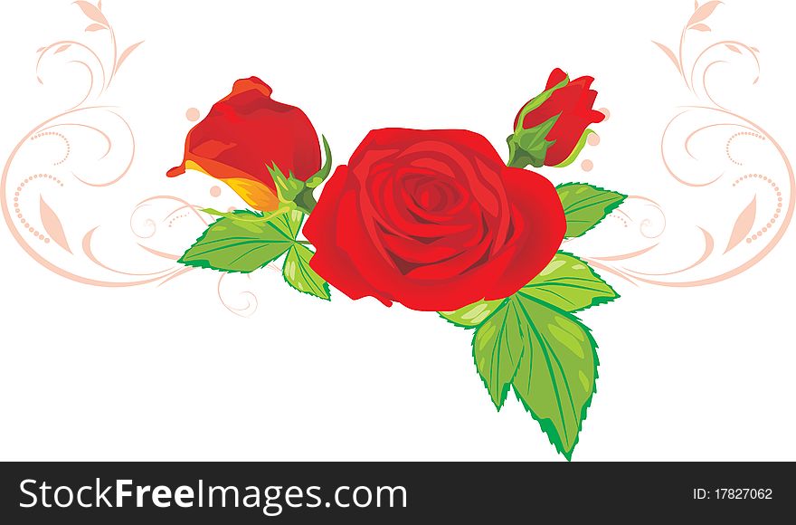 Three red roses with ornament