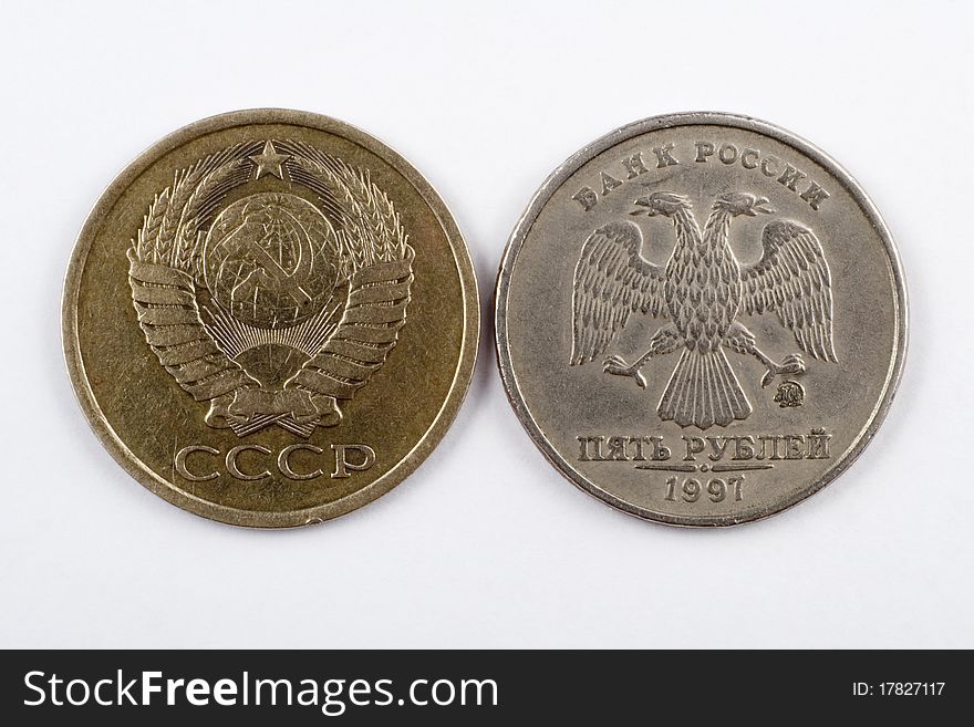 Two coins, 5 cents and 5 rubles