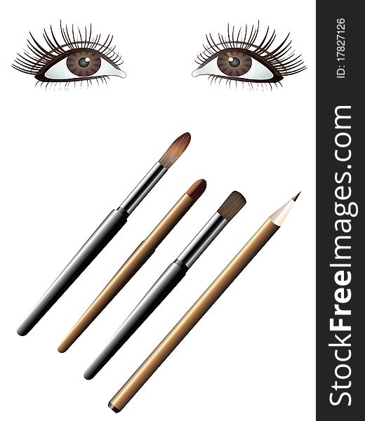 Brown eyes, cosmetic brushes and pencil on a white background. Brown eyes, cosmetic brushes and pencil on a white background