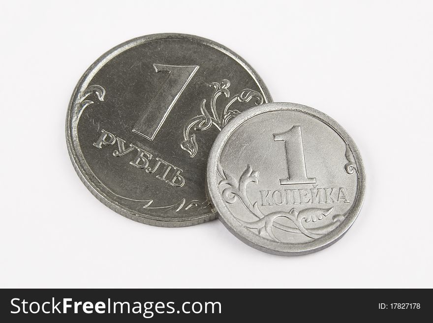 Ruble, penny on a white background